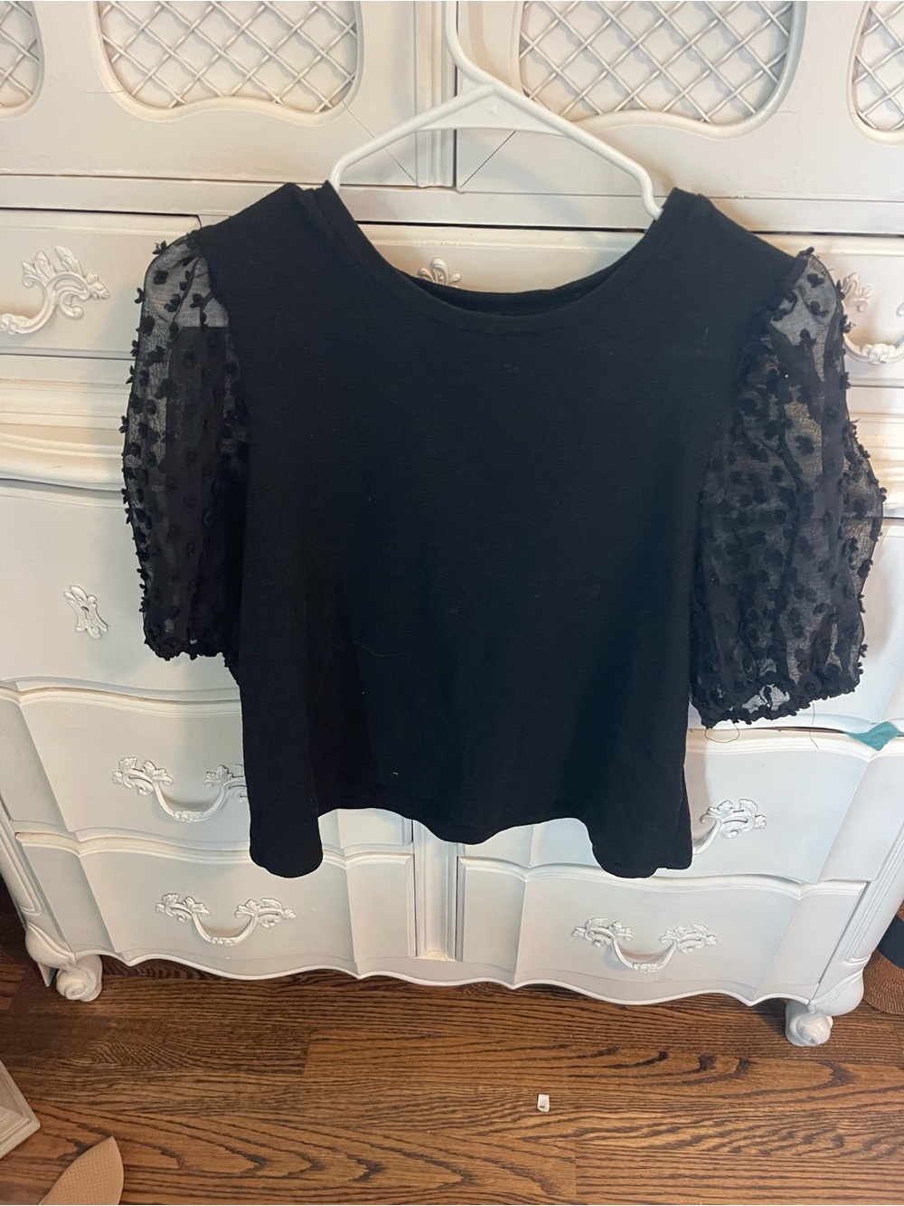 Anthropologie Black Crop Top with Sheer Puff Dot Sleeves
